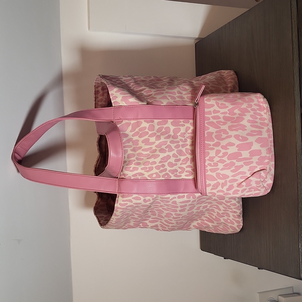 BATH & BODY WORKS LADIES PINK & WHITE SHOULDER BAG TOTE CLOTH & VINYL LEOPARD